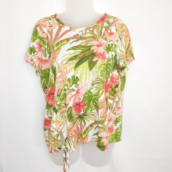 J Jill Love Linen Top Medium Women's Floral Tropical Tie Front Beach Green Pink - Picture 1 of 8